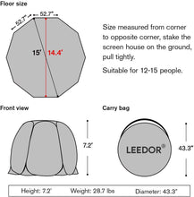 Load image into Gallery viewer, Leedor Screen House Tent Gazeb 12-15 person 15'x 15' Gray