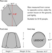 Load image into Gallery viewer, Leedor Screen House Tent Gazeb 8-10 person 12'x 12' Gray
